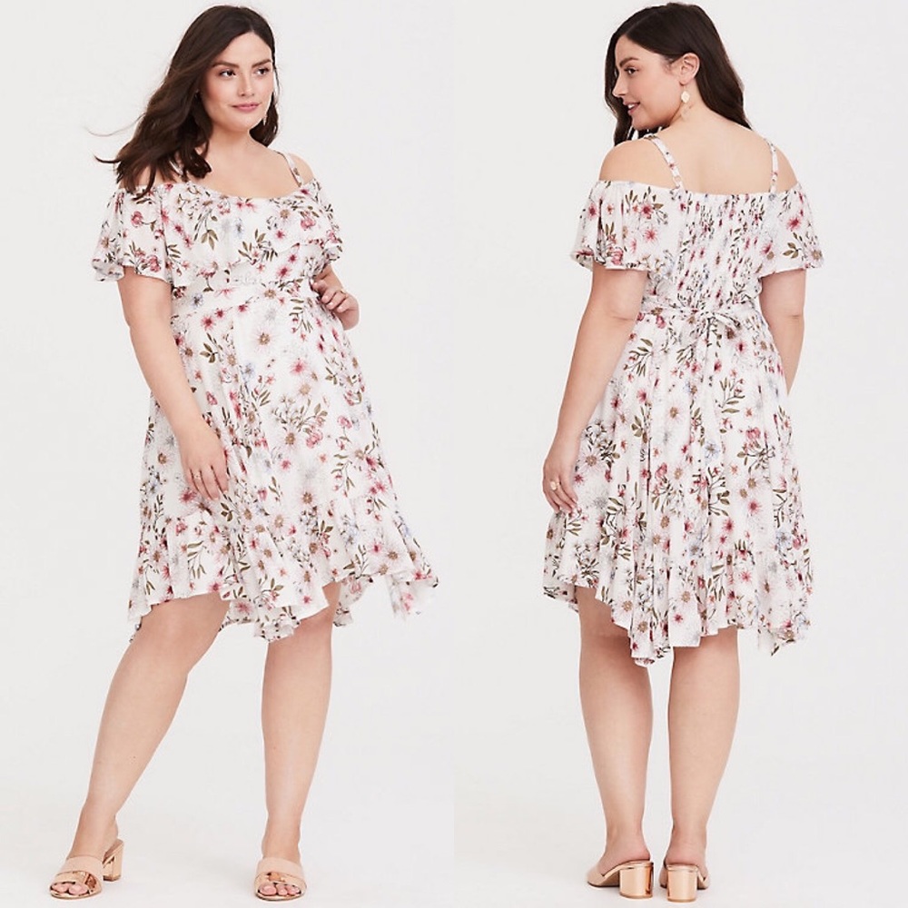 Torrid Floral Smocked Cold Shoulder Gauze Dress